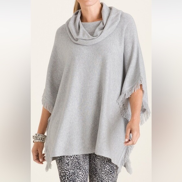 Chicos Grey Gray Fringe Pullover Poncho Cowl Neck S / M - Picture 1 of 4